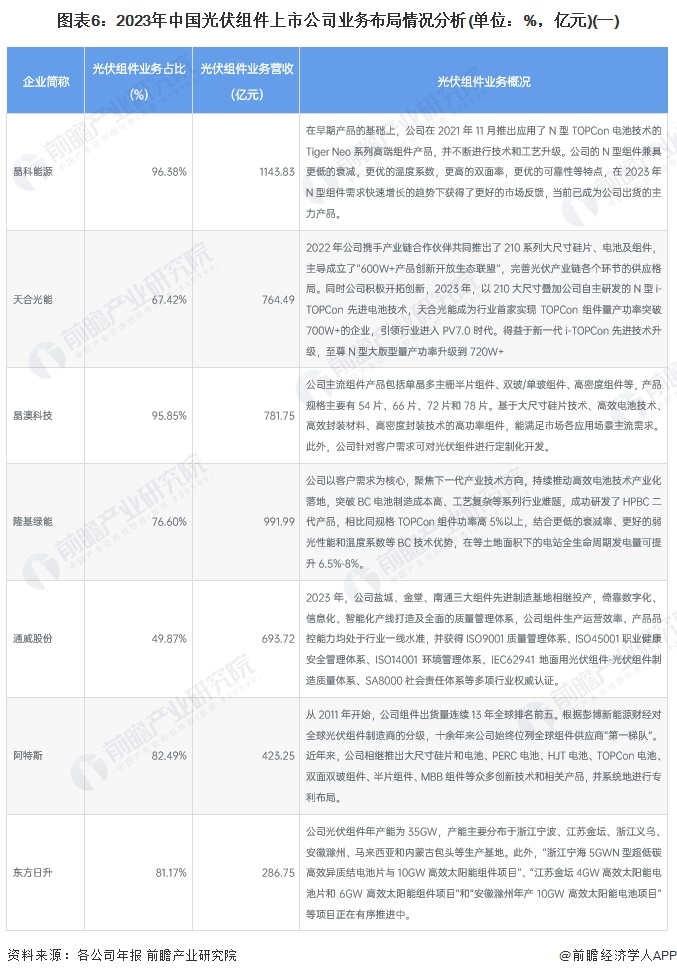 图表6：2023年中国光伏组件上市公司业务布局情况分析(单位：%，亿元)(一)