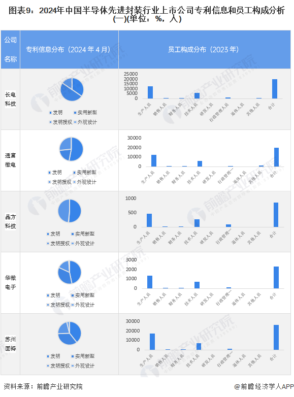 图表9：2024年中国半导体先进封装行业上市公司专利信息和员工构成分析(一)(单位：%，人)