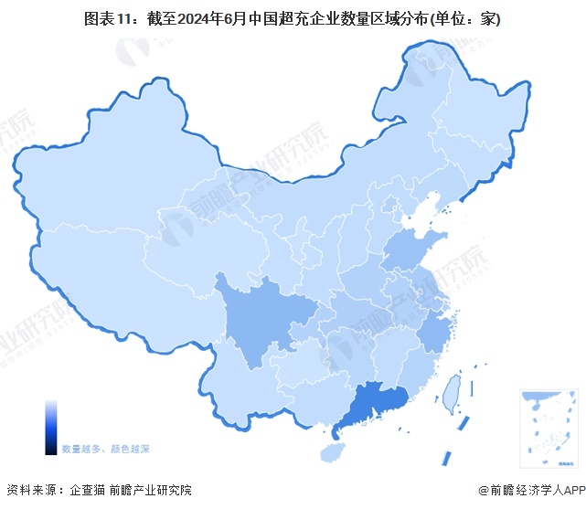 图表11：截至2024年6月中国超充企业数量区域分布(单位：家)