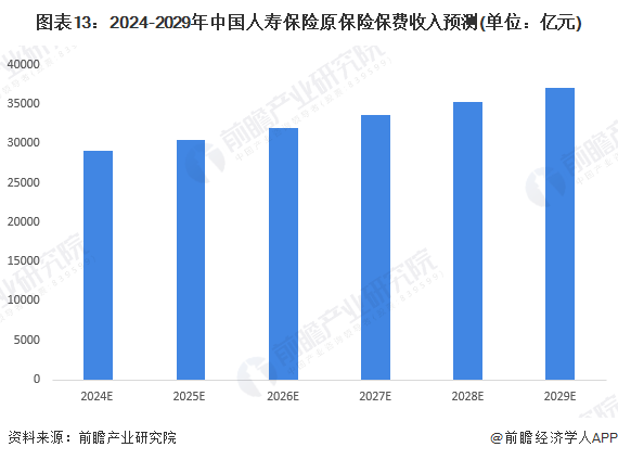 图表13：2024-2029年中国人寿保险原保险保费收入预测(单位：亿元)