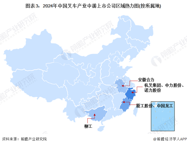 图表3：2024年中国叉车产业中游上市公司区域热力图(按所属地)