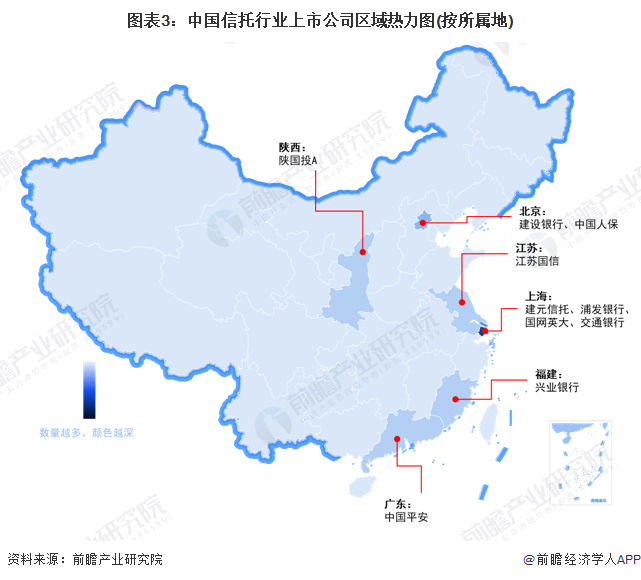 图表3：中国信托行业上市公司区域热力图(按所属地)