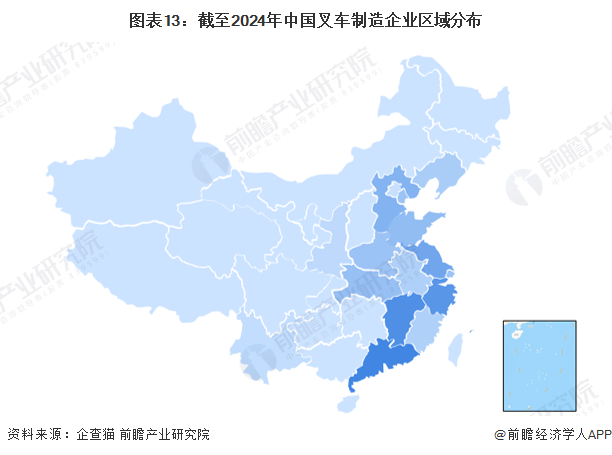 图表13：截至2024年中国叉车制造企业区域分布