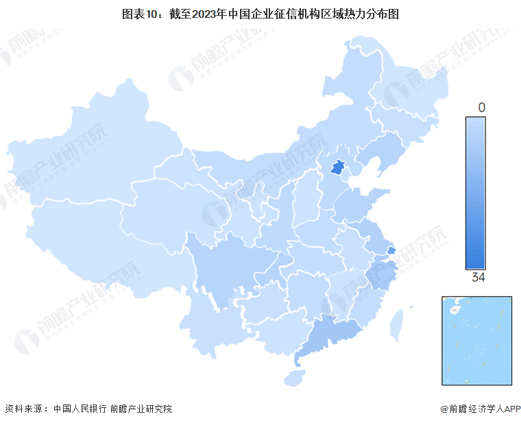 图表10：截至2023年中国企业征信机构区域热力分布图