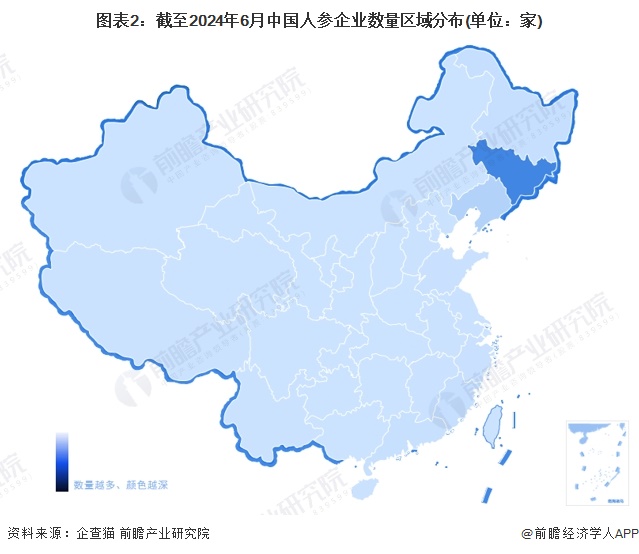 图表2：截至2024年6月中国人参企业数量区域分布(单位：家)