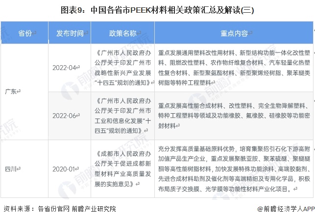 图表9：中国各省市PEEK材料相关政策汇总及解读(三)