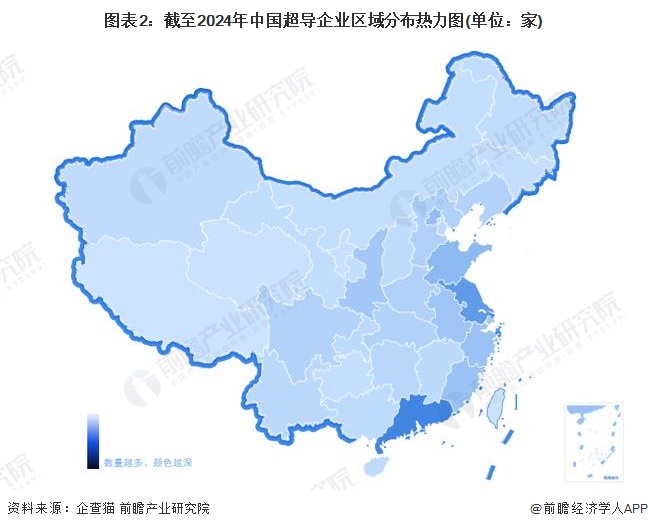 图表2：截至2024年中国超导企业区域分布热力图(单位：家)