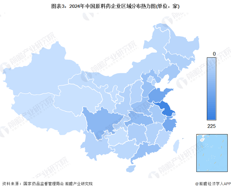 图表3：2024年中国原料药企业区域分布热力图(单位：家)