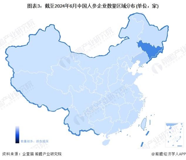 图表3：截至2024年6月中国人参企业数量区域分布(单位：家)