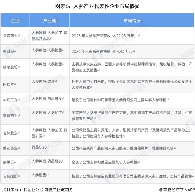 图表5：人参产业代表性企业布局情况