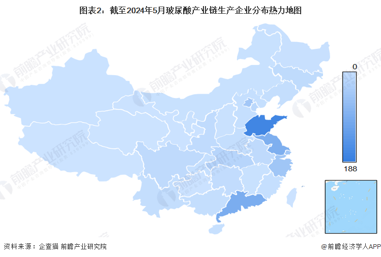 图表2：截至2024年5月玻尿酸产业链生产企业分布热力地图