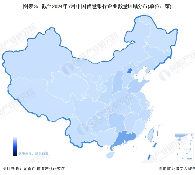 圖表3：截至2024年7月中國(guó)智慧銀行企業(yè)數(shù)量區(qū)域分布(單位：家)