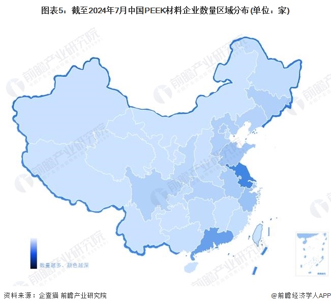 图表5：截至2024年7月中国PEEK材料企业数量区域分布(单位：家)