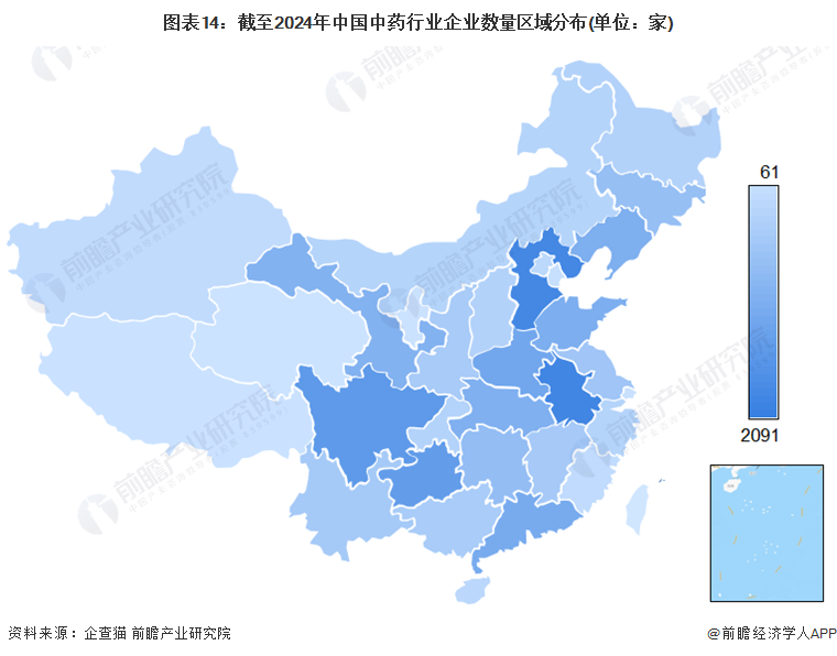 圖表14：截至2024年中國中藥行業(yè)企業(yè)數(shù)量區(qū)域分布(單位：家)