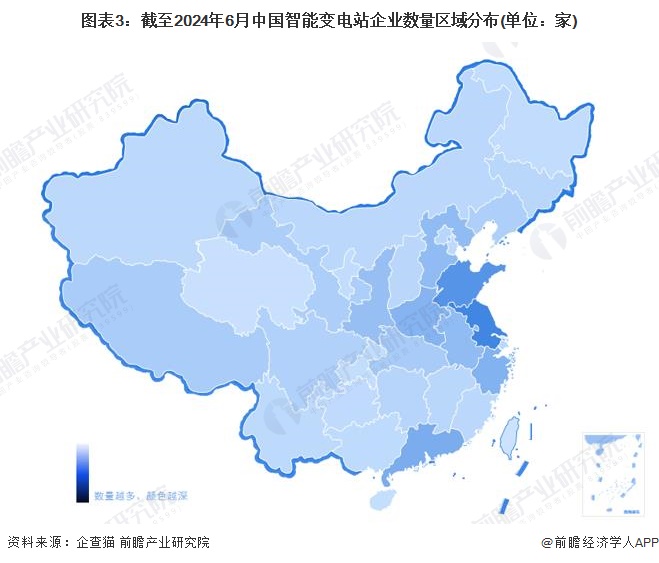 圖表3：截至2024年6月中國智能變電站企業(yè)數(shù)量區(qū)域分布(單位：家)