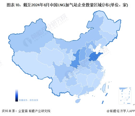 圖表10：截至2024年6月中國LNG加氣站企業(yè)數(shù)量區(qū)域分布(單位：家)