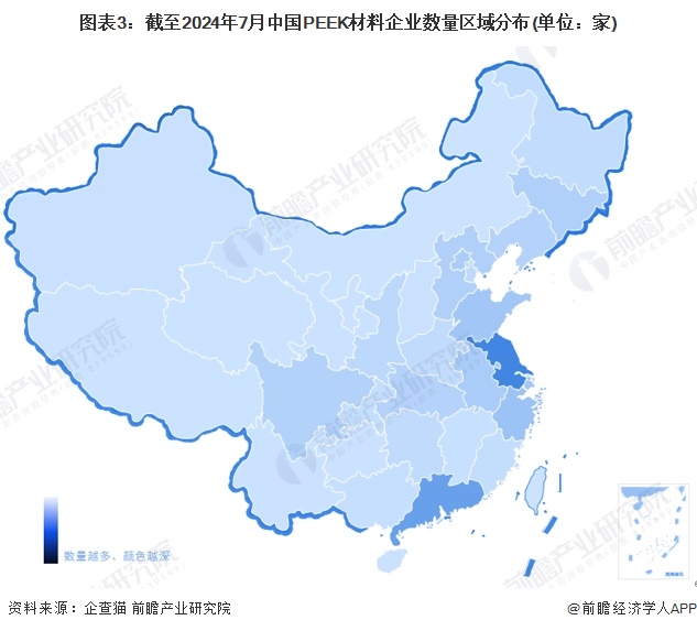 圖表3：截至2024年7月中國PEEK材料企業(yè)數(shù)量區(qū)域分布(單位：家)