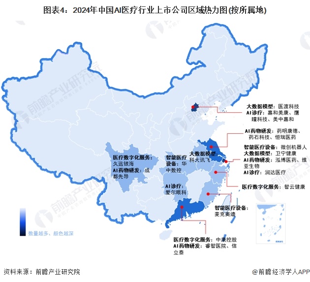 圖表4：2024年中國AI醫(yī)療行業(yè)上市公司區(qū)域熱力圖(按所屬地)