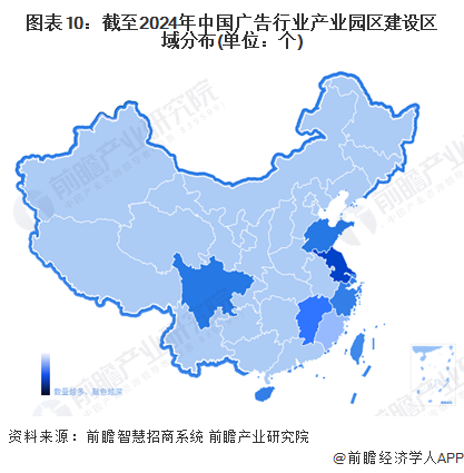 图表10：截至2024年中国广告行业产业园区建设区域分布(单位：个)