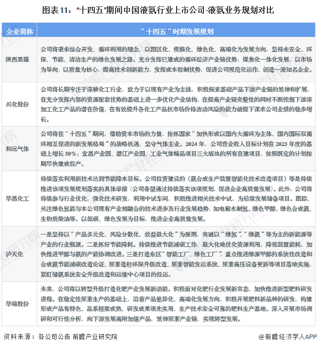 圖表11：“十四五”期間中國液氨行業(yè)上市公司-液氨業(yè)務(wù)規(guī)劃對比