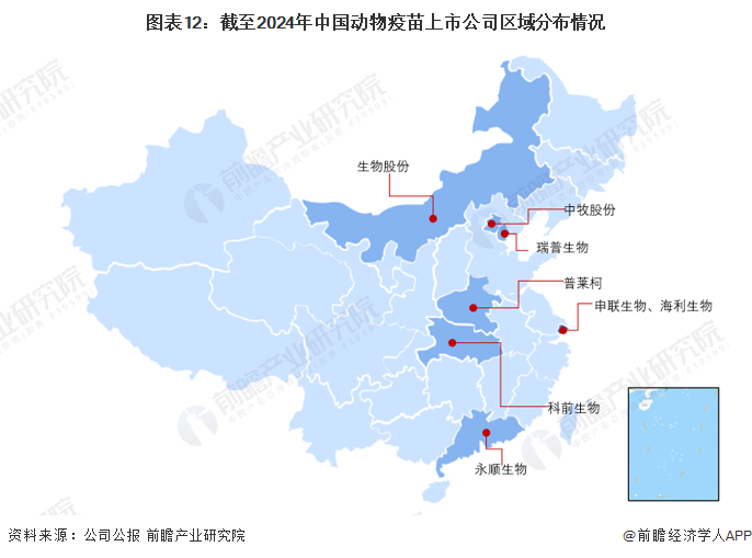 圖表12：截至2024年中國動物疫苗上市公司區(qū)域分布情況