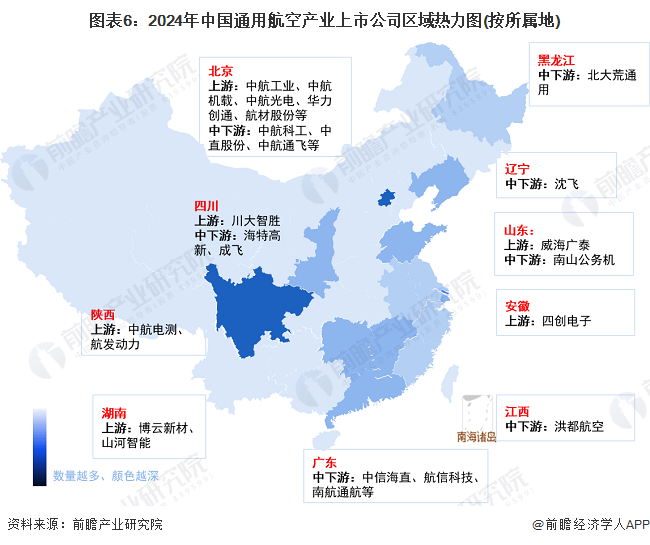 图表6：2024年中国通用航空产业上市公司区域热力图(按所属地)