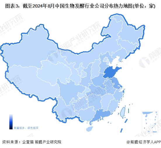 图表3：截至2024年8月中国生物发酵行业公司分布热力地图(单位：家)