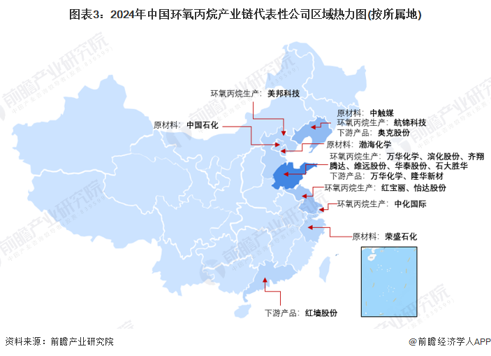 图表3：2024年中国环氧丙烷产业链代表性公司区域热力图(按所属地)