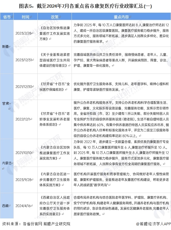 图表5：截至2024年7月各重点省市康复医疗行业政策汇总(一)