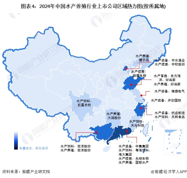 图表4：2024年中国水产养殖行业上市公司区域热力图(按所属地)