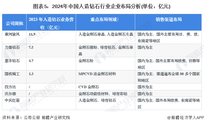 圖表5：2024年中國(guó)人造鉆石行業(yè)企業(yè)布局分析(單位：億元)