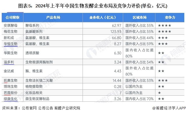 图表5：2024年上半年中国生物发酵企业布局及竞争力评价(单位：亿元)