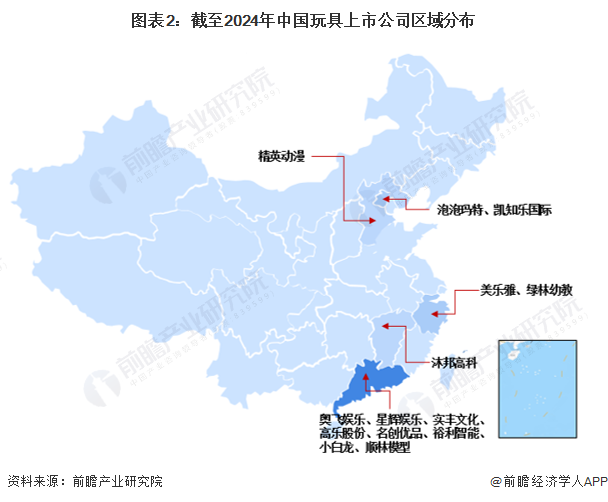 圖表2：截至2024年中國玩具上市公司區(qū)域分布