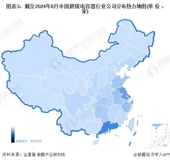 圖表3：截至2024年8月中國(guó)超級(jí)電容器行業(yè)公司分布熱力地圖(單位：家)