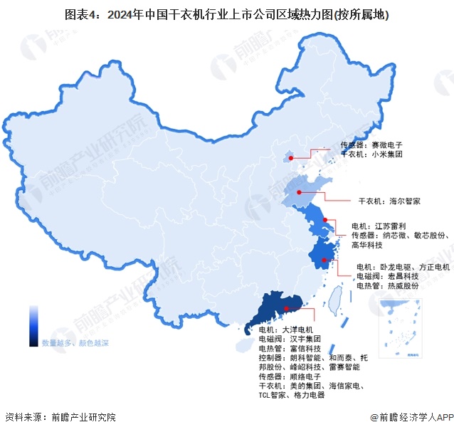 图表4：2024年中国干衣机行业上市公司区域热力图(按所属地)