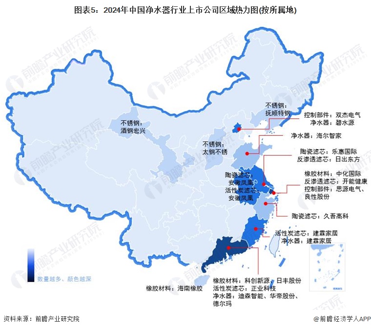 圖表5：2024年中國凈水器行業(yè)上市公司區(qū)域熱力圖(按所屬地)