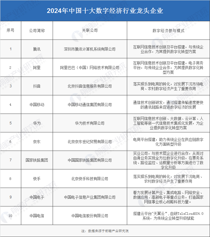 2024年中国十大数字经济行业龙头企业