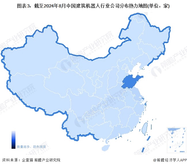 图表3：截至2024年8月中国建筑机器人行业公司分布热力地图(单位：家)