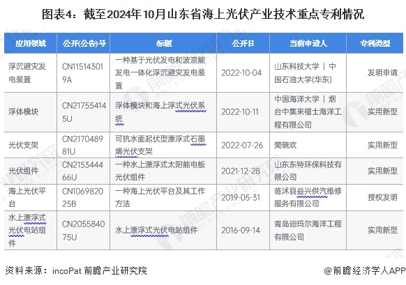 图表4：截至2024年10月山东省海上光伏产业技术重点专利情况