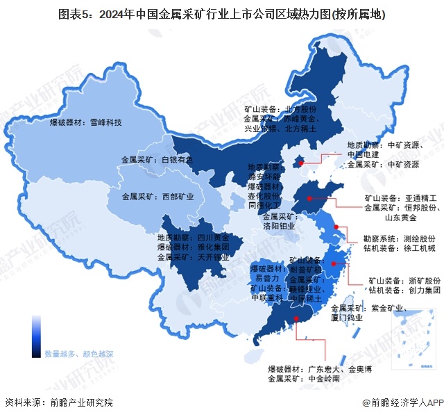 圖表5：2024年中國金屬采礦行業(yè)上市公司區(qū)域熱力圖(按所屬地)