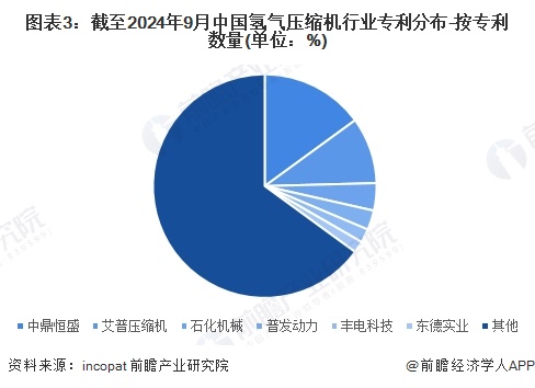 图表3：截至2024年9月中国氢气压缩机行业专利分布-按专利数量(单位：%)