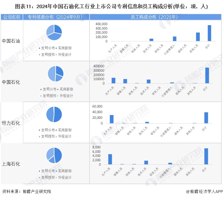 图表11：2024年中国石油化工行业上市公司专利信息和员工构成分析(单位：项，人)