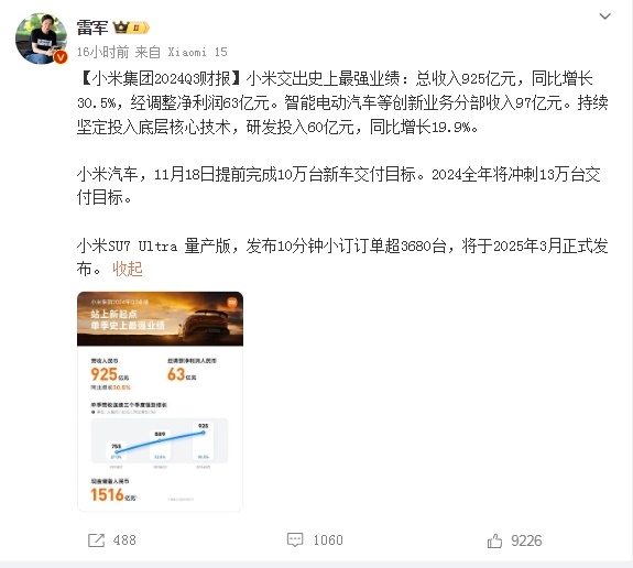卖1辆车亏3万8？小米汽车现金储备1516亿，智驾投入上不封顶，雷军: 小米交出了史上最强业绩