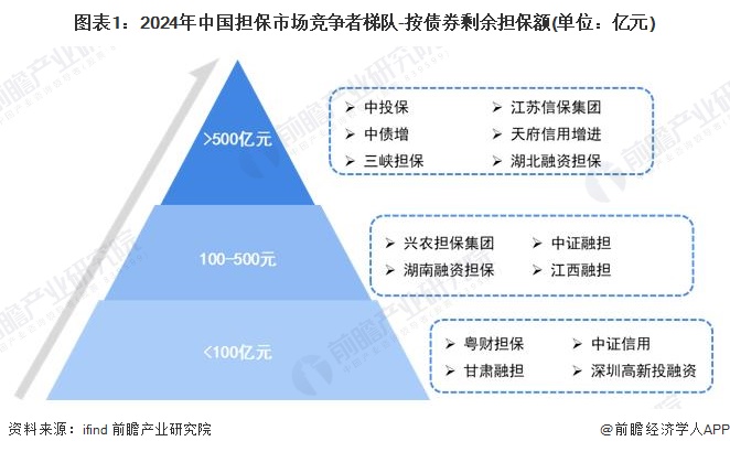 圖表1：2024年中國擔(dān)保市場競爭者梯隊-按債券剩余擔(dān)保額(單位：億元)