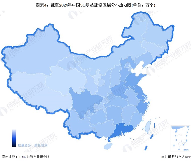 图表4：截至2024年中国5G基站建设区域分布热力图(单位：万个)