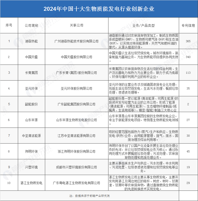 2024年中国十大生物质能发电创新企业汇总如下