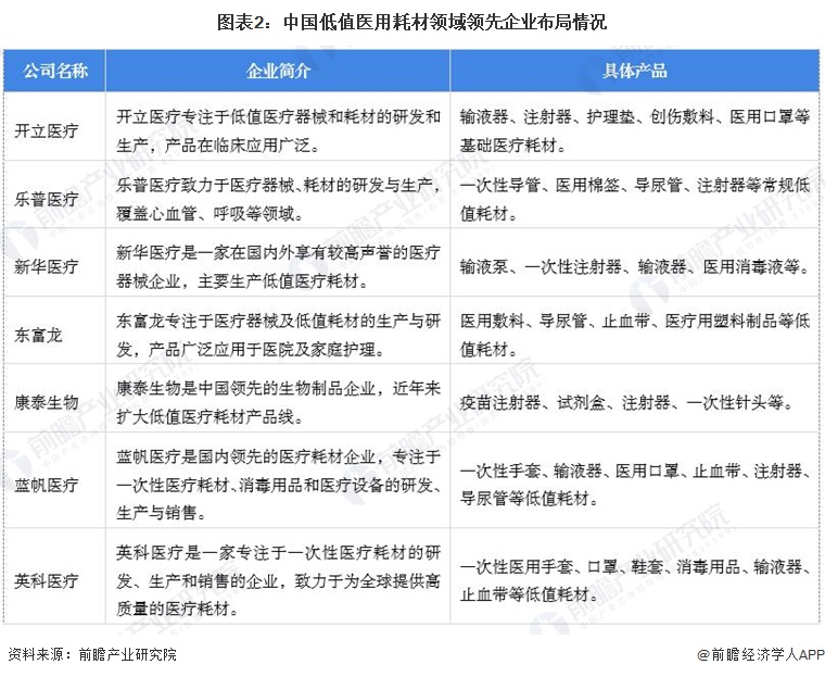 图表2：中国低值医用耗材领域领先企业布局情况