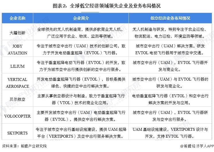 图表2：全球低空经济领域领先企业及业务布局情况