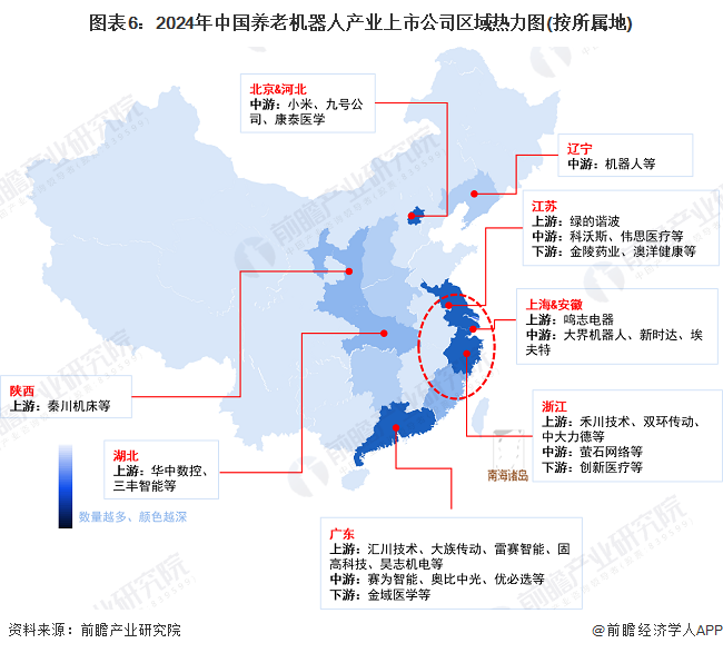 图表6：2024年中国养老机器人产业上市公司区域热力图(按所属地)