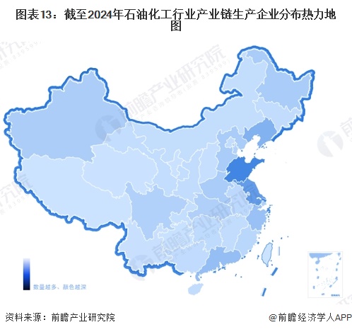 圖表13：截至2024年石油化工行業(yè)產(chǎn)業(yè)鏈生產(chǎn)企業(yè)分布熱力地圖